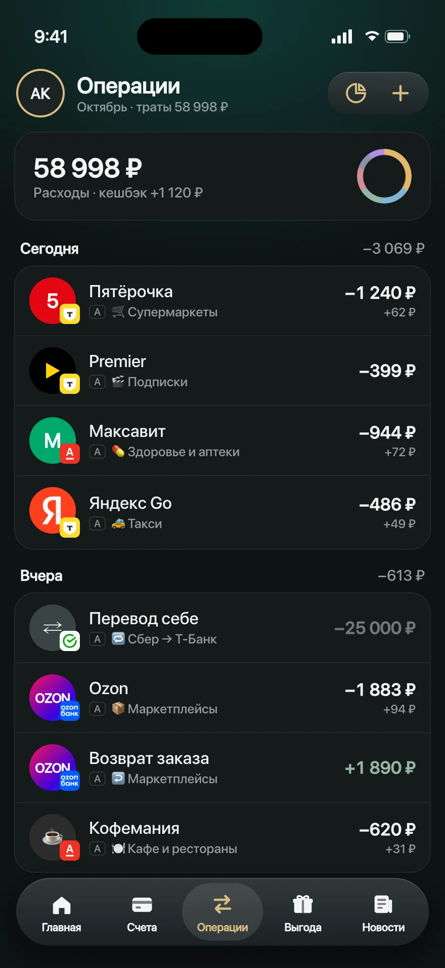 Экран «Операции»: покупки всех банков одной лентой
